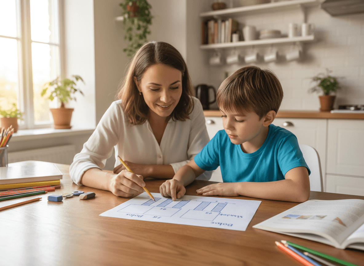 A parent and child looking at a bar model drawing on a homework page at the kitchen table
