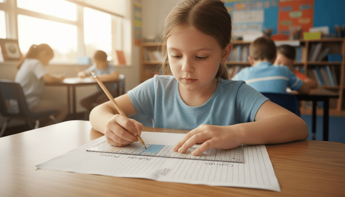 An elementary student drawing a labeled bar model on grid paper with a pencil and ruler
