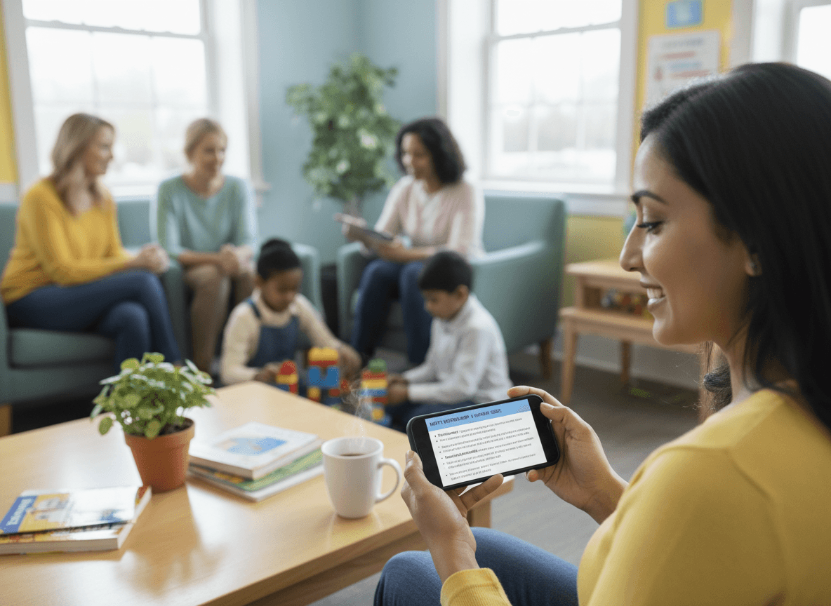 A parent reading a one-page explanation of math workshop on a phone with a coffee on the table