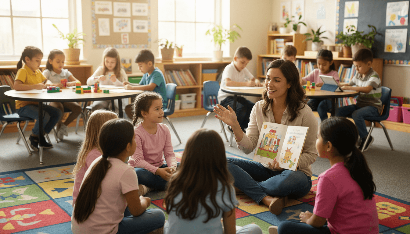 An elementary teacher running a mini lesson on the rug while small groups work at tables in the background