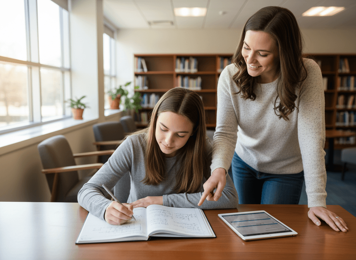 A ninth grader working through linear equations at a desk with a graphing notebook and a parent looking on