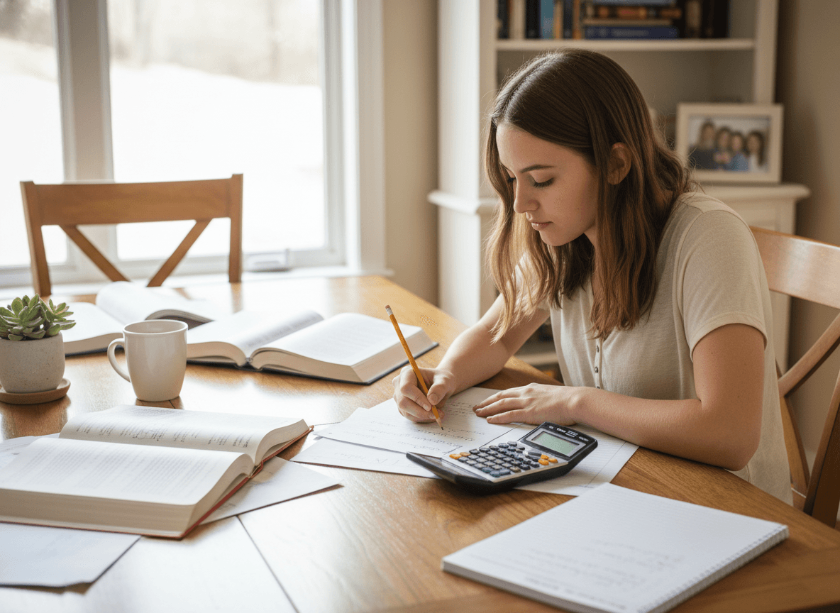 A high school junior working on logarithm problems at a kitchen table with a graphing calculator nearby
