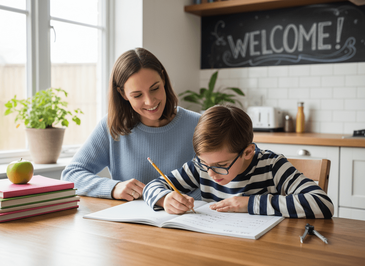 A parent watching a fourth grader work through a partial quotients division problem at the kitchen table