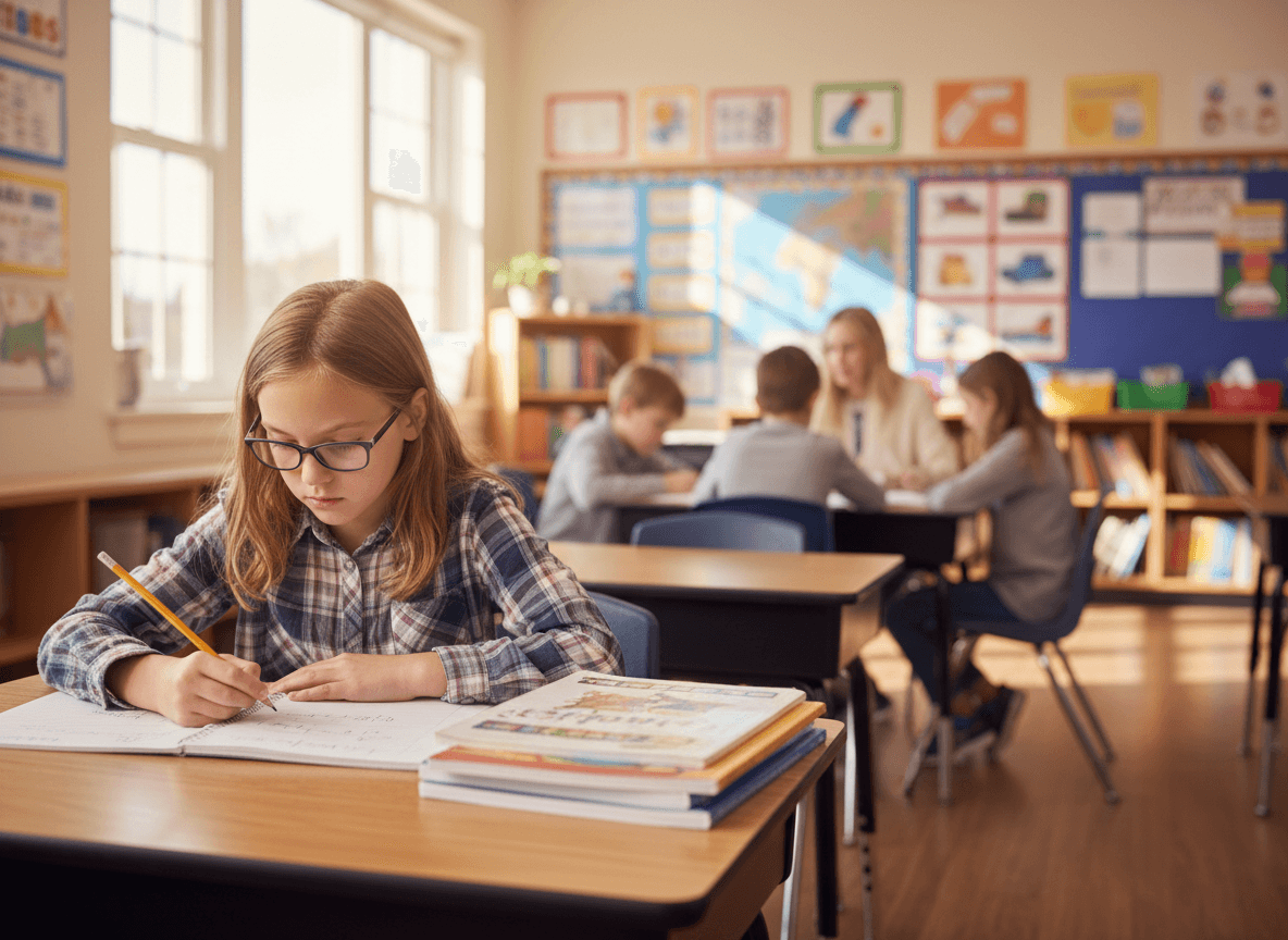 A fifth grader working a multi-step problem at a quiet table while the rest of the class is in a different activity