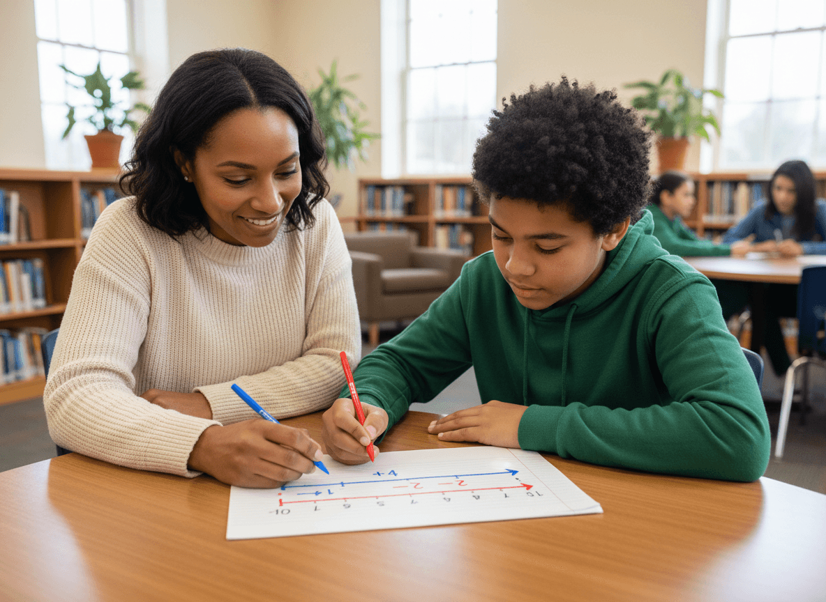 A parent and middle schooler tracing addition and subtraction on a number line drawn on lined paper