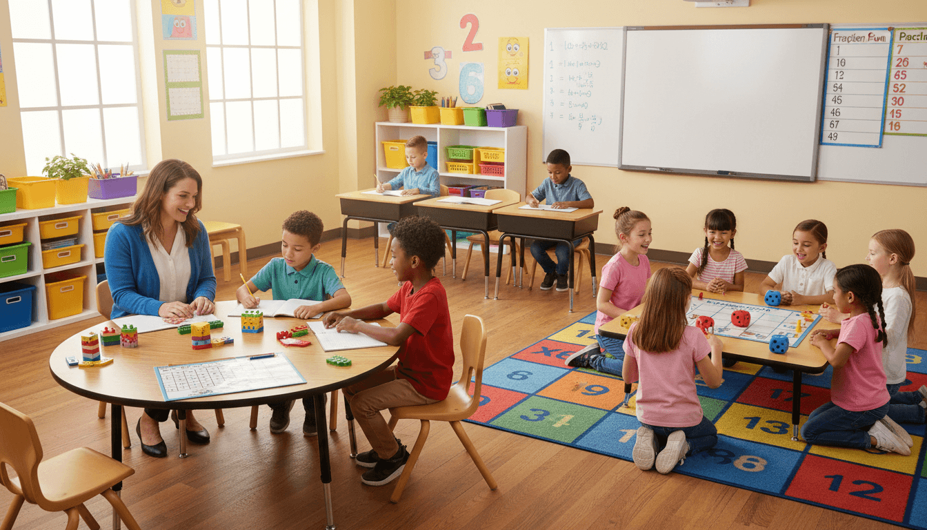 An elementary classroom with three small group math stations running at once: teacher table, game station, and independent practice