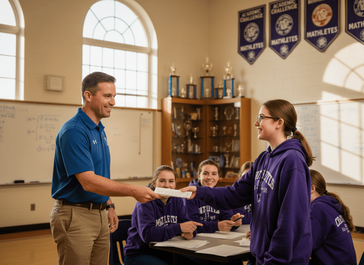 A coach handing a score sheet to a student after a math meet while teammates compare answers