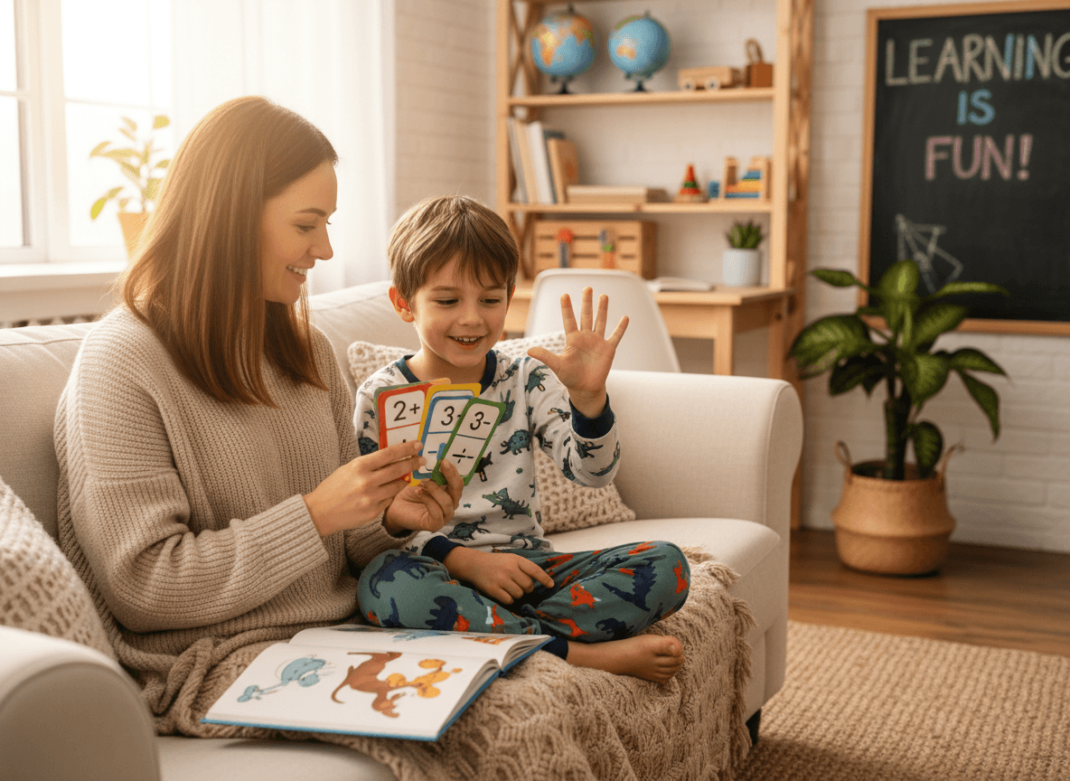 A parent and a first grader doing a short fact practice routine on the couch before bed