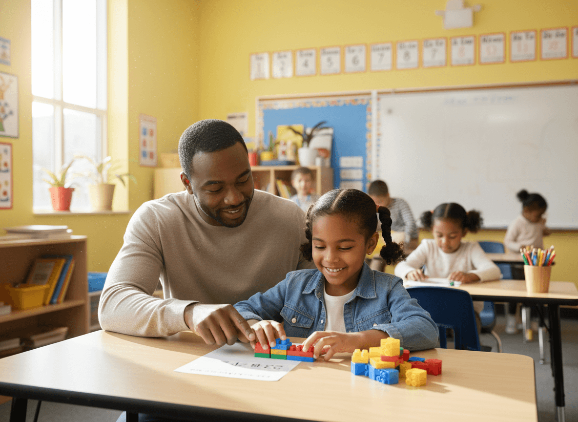 A second grader using base ten blocks to solve an addition problem at a desk while a parent watches
