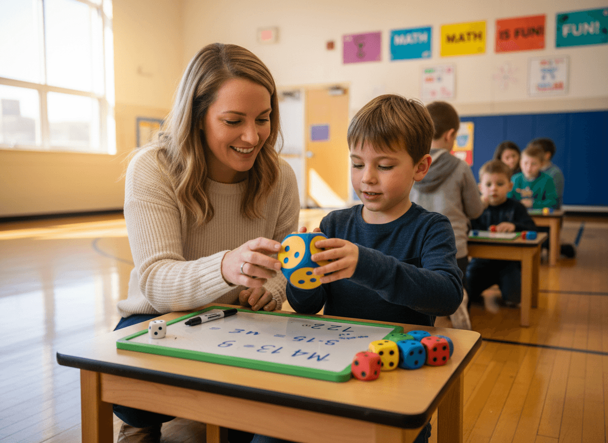 A parent and child rolling dice and using a small whiteboard at a math night station