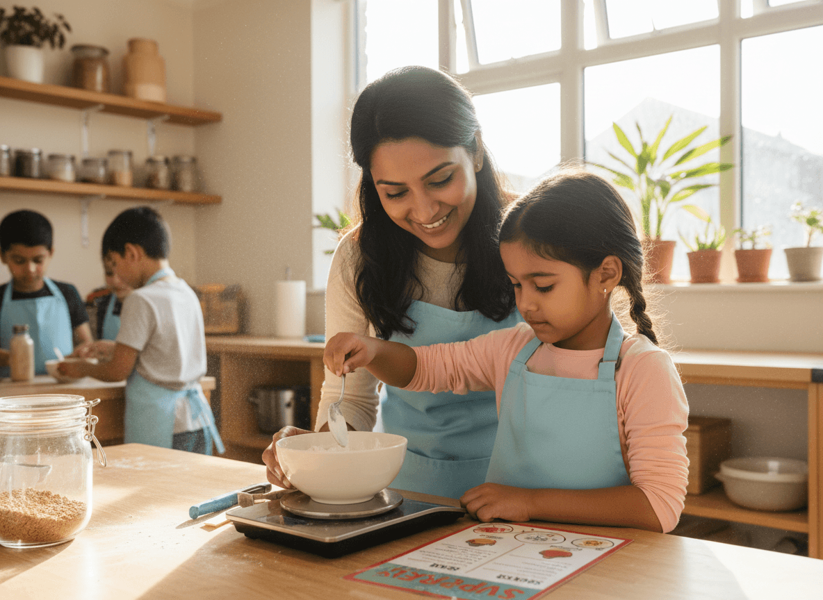 A parent and child measuring flour on a kitchen scale while reading a recipe card