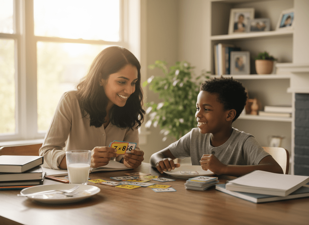 A parent and a third grader practicing multiplication flash cards at the dinner table after a meal