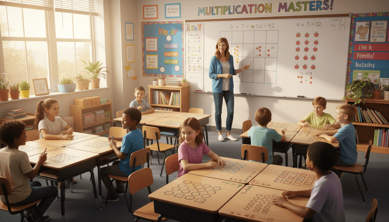 A third grade classroom with multiplication arrays drawn on student desks and the whiteboard