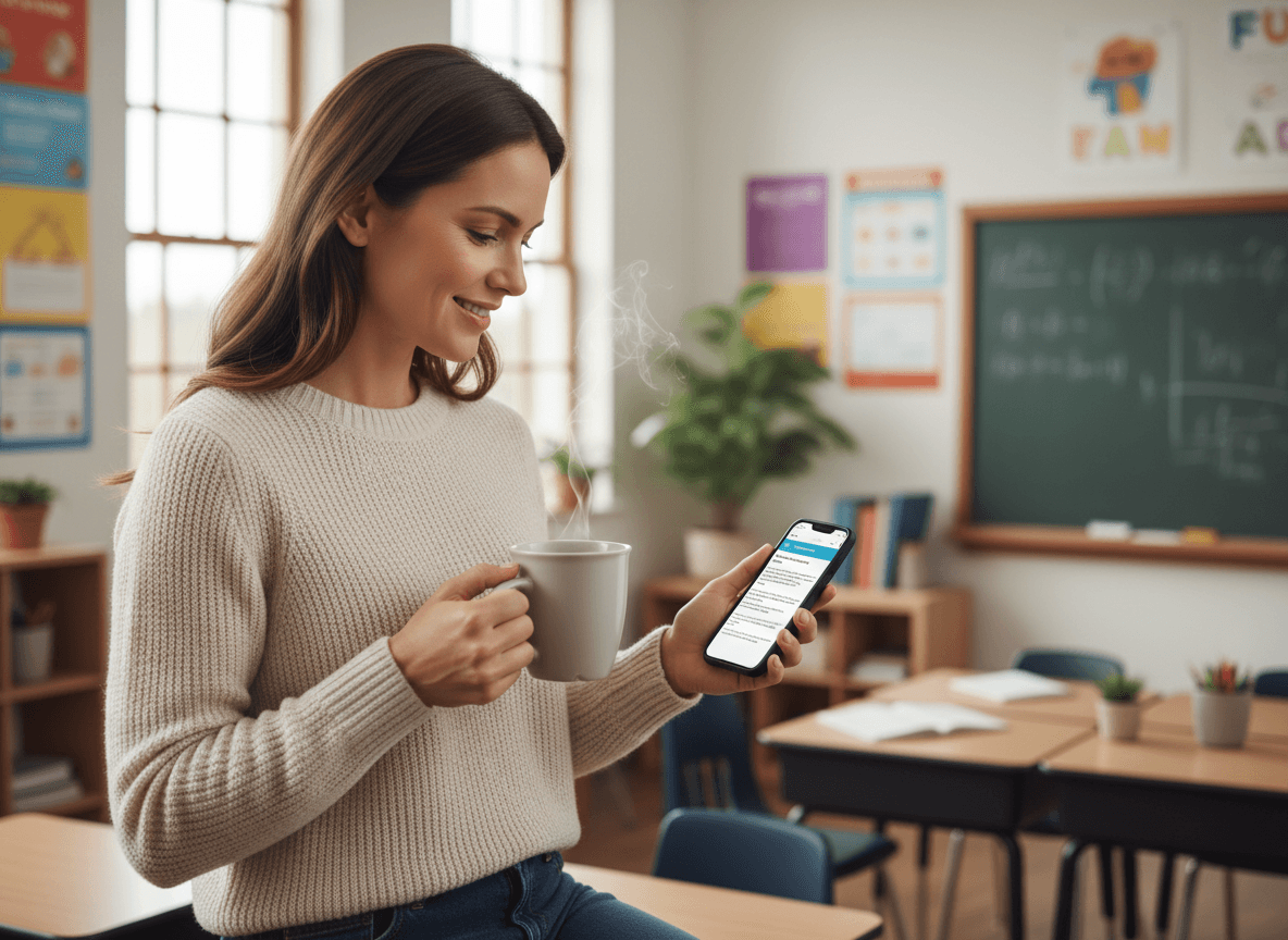 A parent holding a coffee mug and scrolling a phone with a math class email on the screen