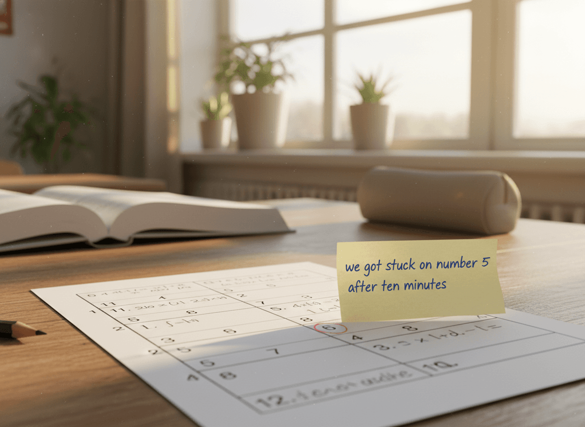 A worksheet with a small sticky note that says we got stuck on number 5 after ten minutes