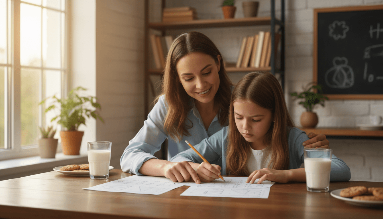 A parent and a fourth grader looking at a math worksheet together at the kitchen table in the evening
