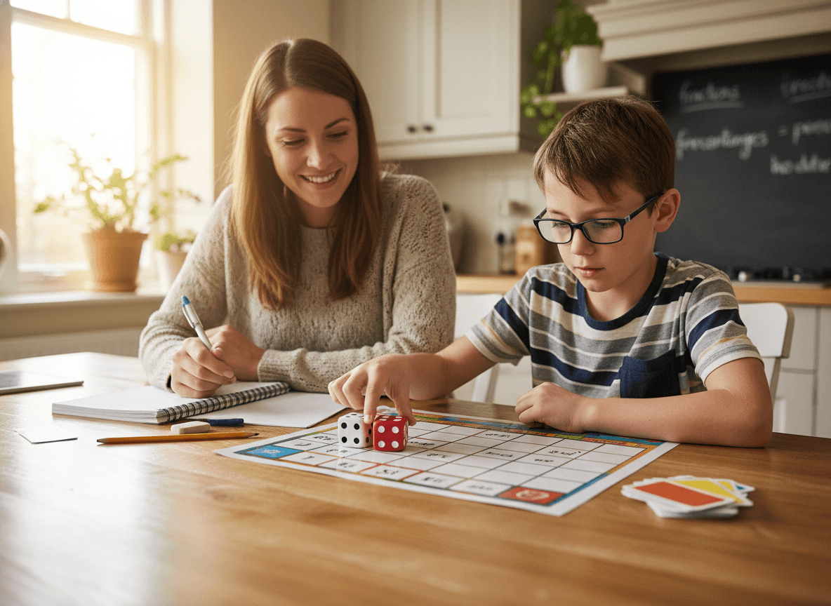 A parent and a sixth grader rolling a pair of dice at the kitchen table and recording the sums in a notebook