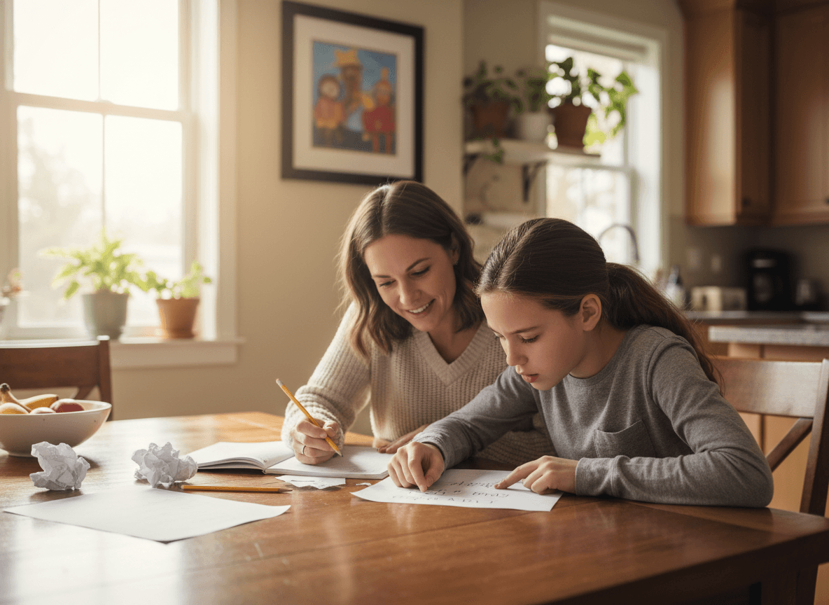 A parent and middle schooler trying smaller numbers on a problem before tackling the real one at a kitchen table