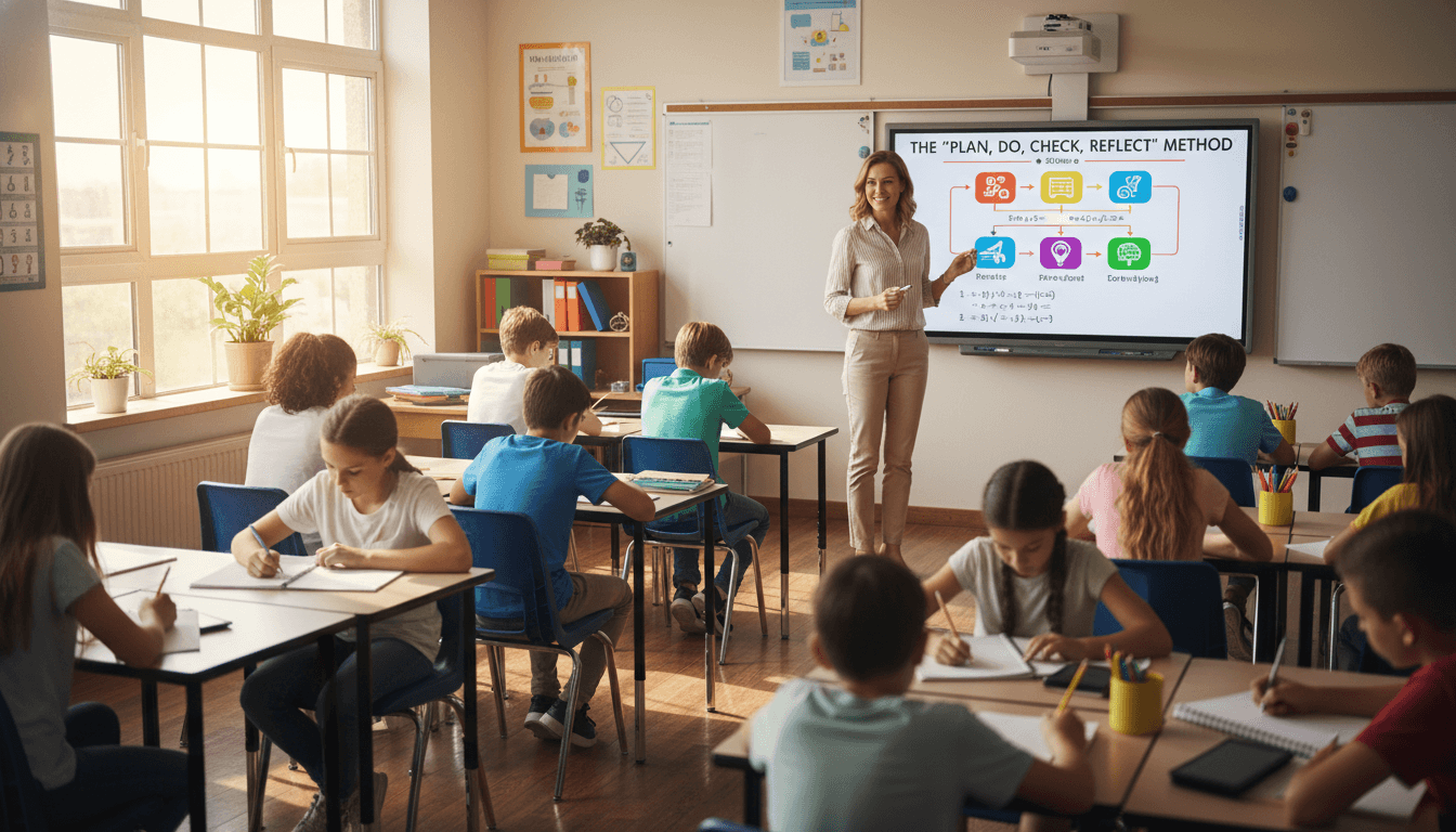 A teacher modeling a problem-solving strategy at the front of a math classroom while students take notes
