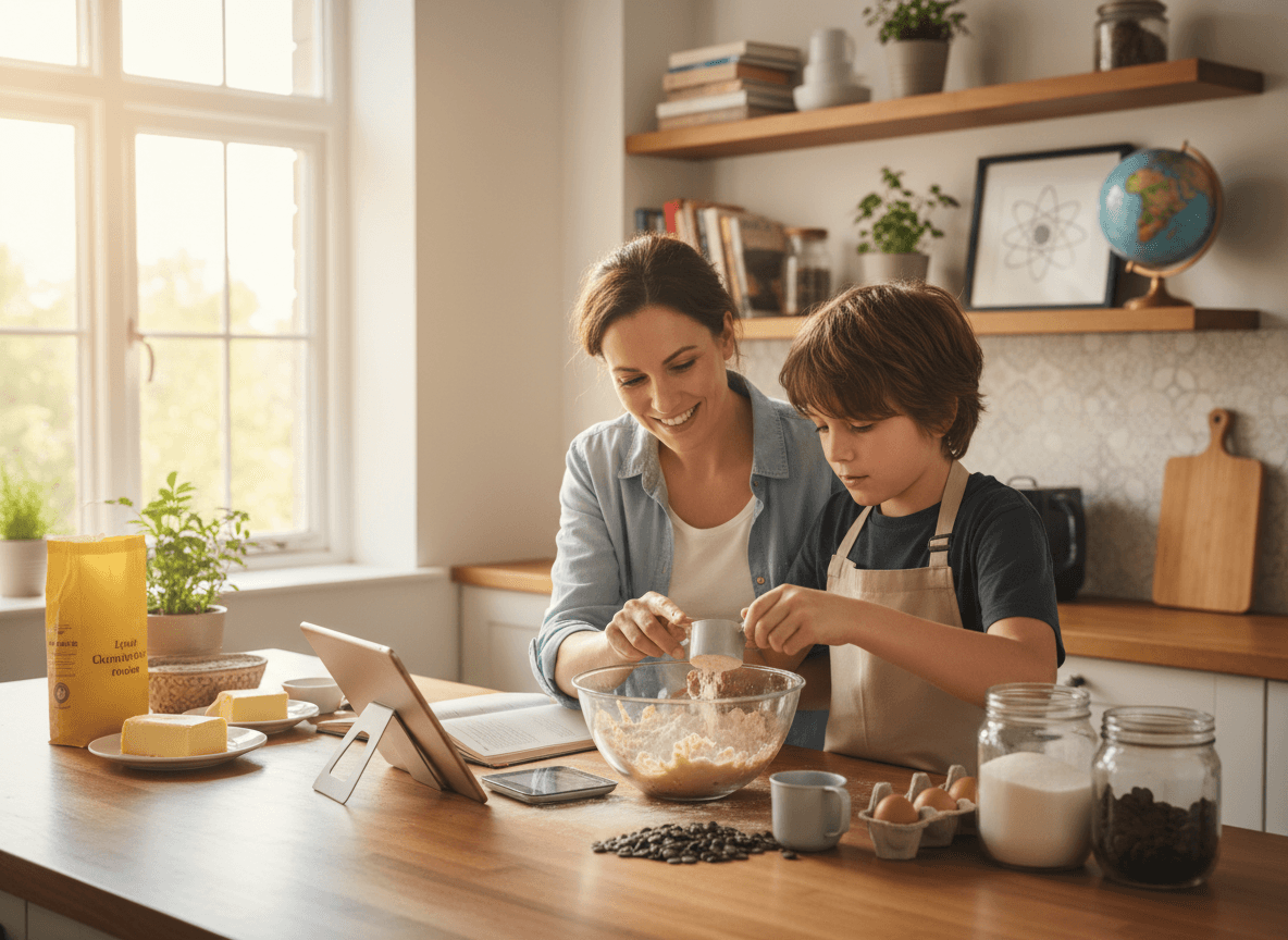 A parent and middle schooler scaling a cookie recipe together at the kitchen counter