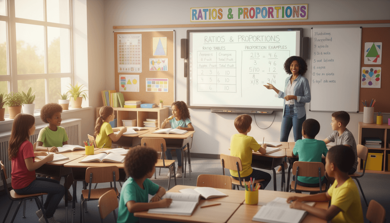 A sixth grade classroom with ratio tables and proportion examples written across the whiteboard
