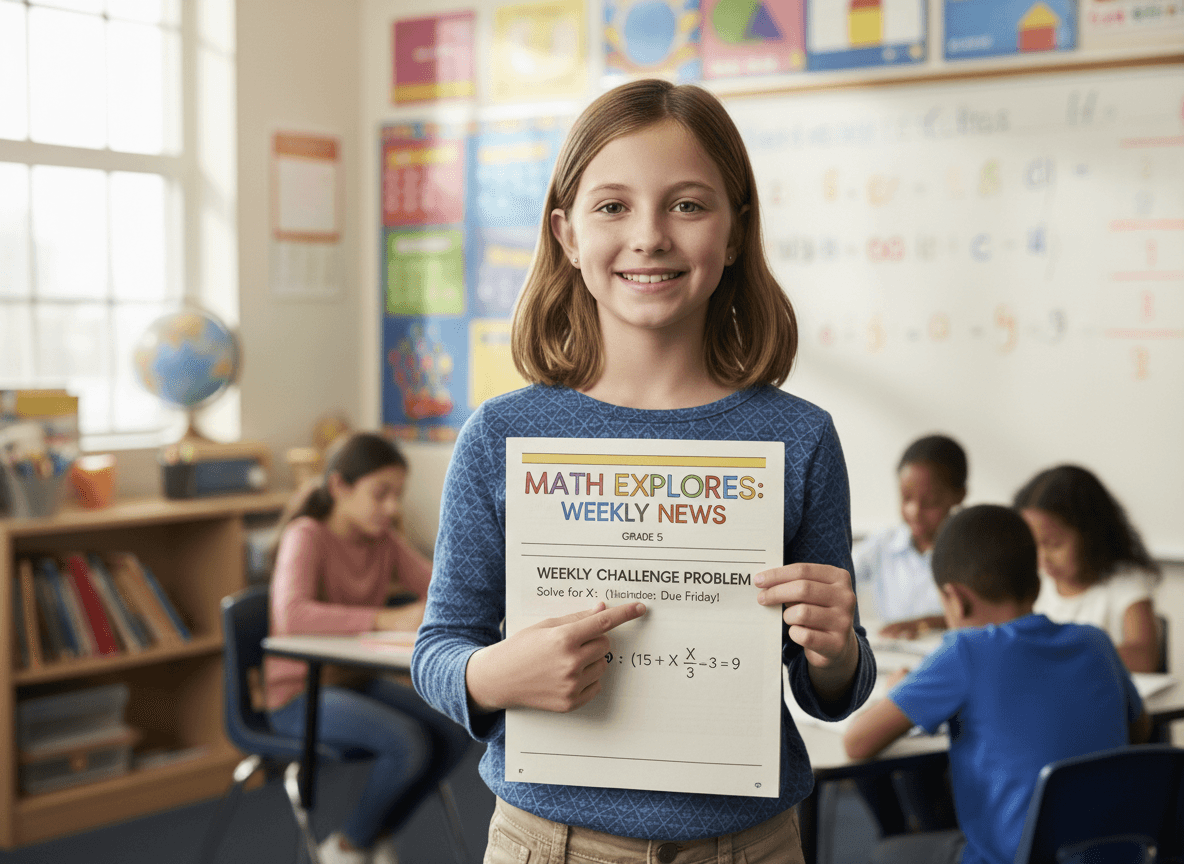 A fifth grader holding a printed class math newsletter and pointing at the weekly challenge problem