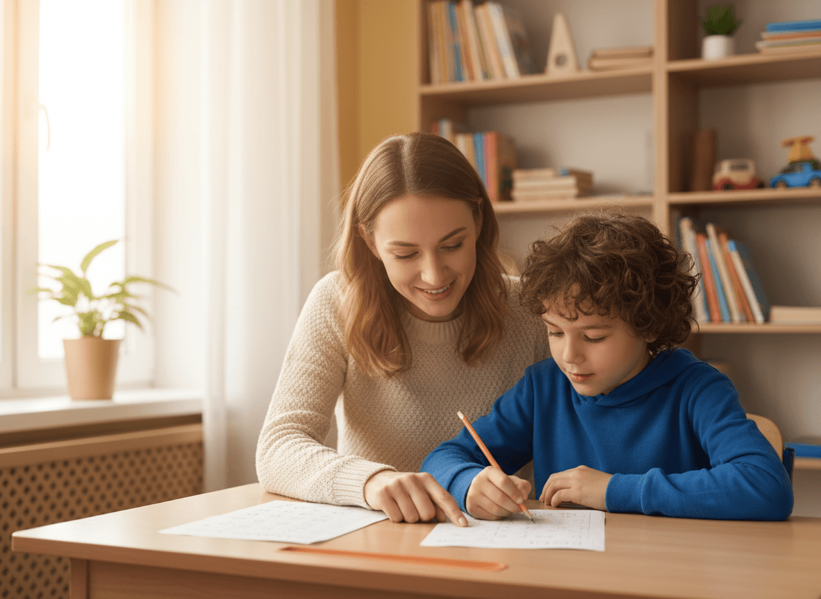 A teacher reviewing a math worksheet with a student in a calm one-on-one moment