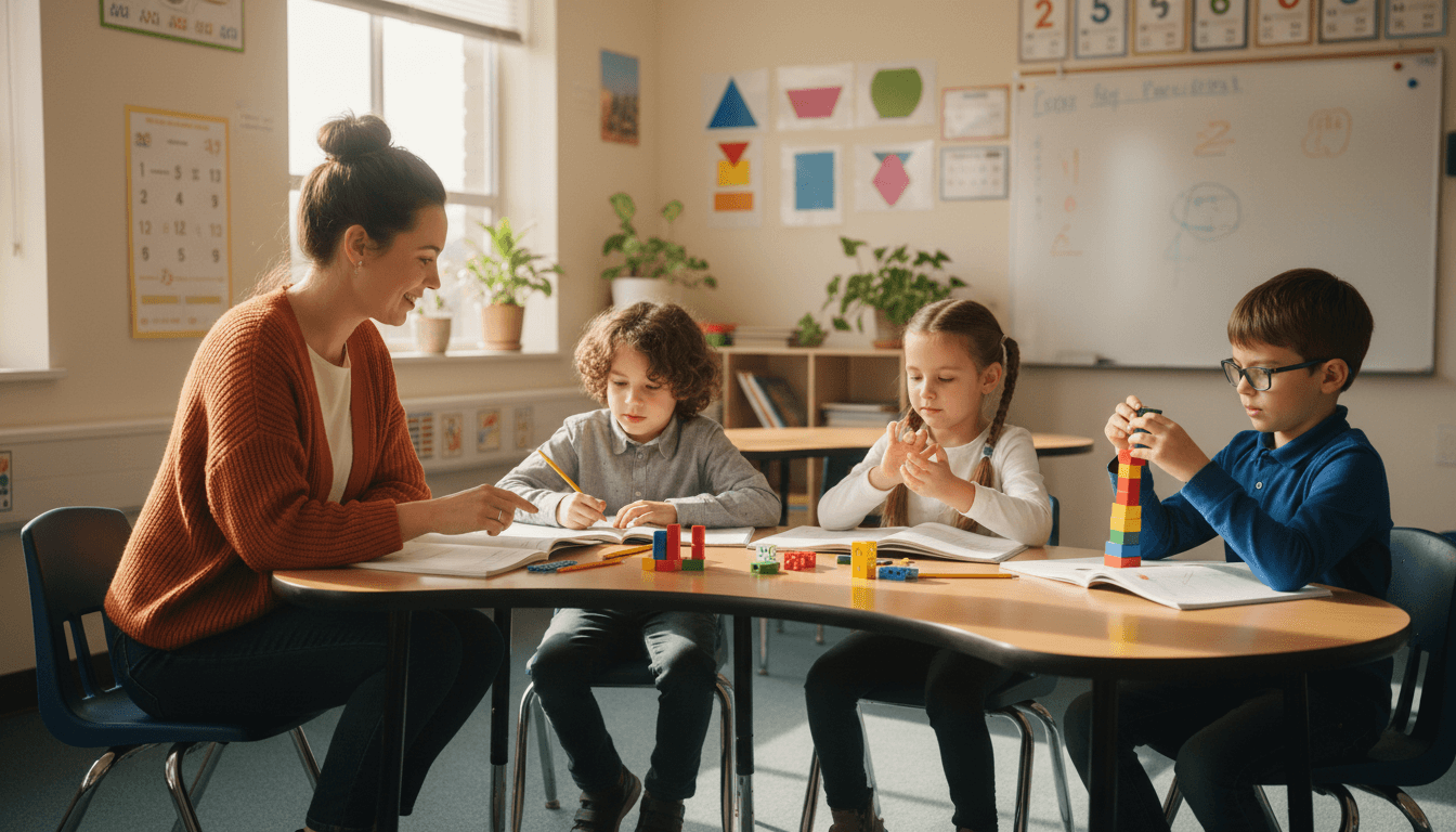 A small group math intervention session with a teacher and three students working at a kidney-shaped table