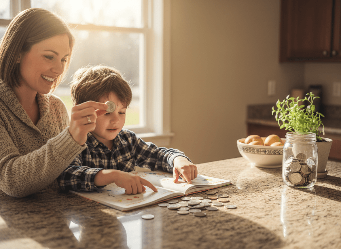 A parent and first grader counting quarters and dimes on a kitchen counter together