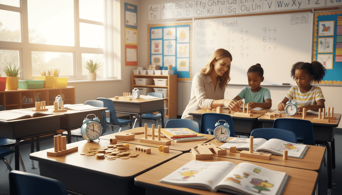A first grade classroom with play coins, analog clocks, and base ten blocks spread across student desks