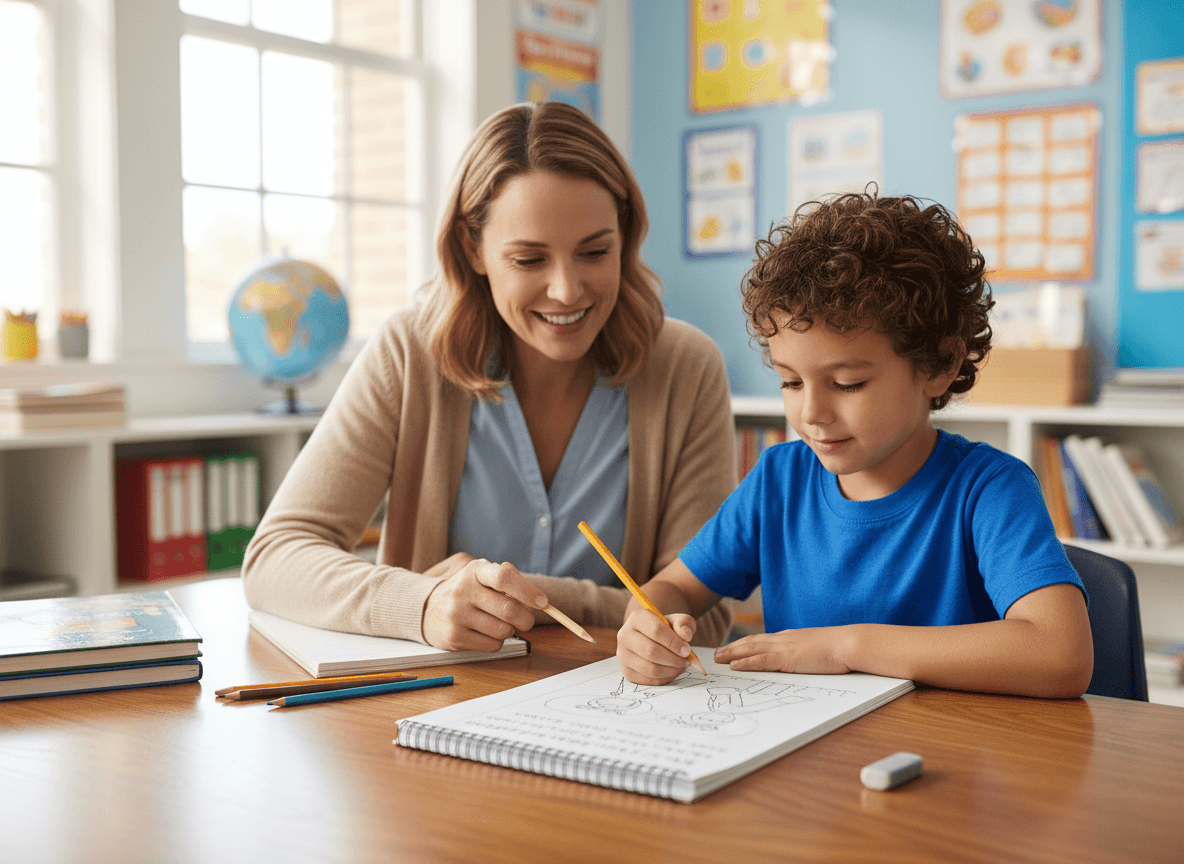 A parent and third grader drawing a picture of a word problem on lined paper before solving it