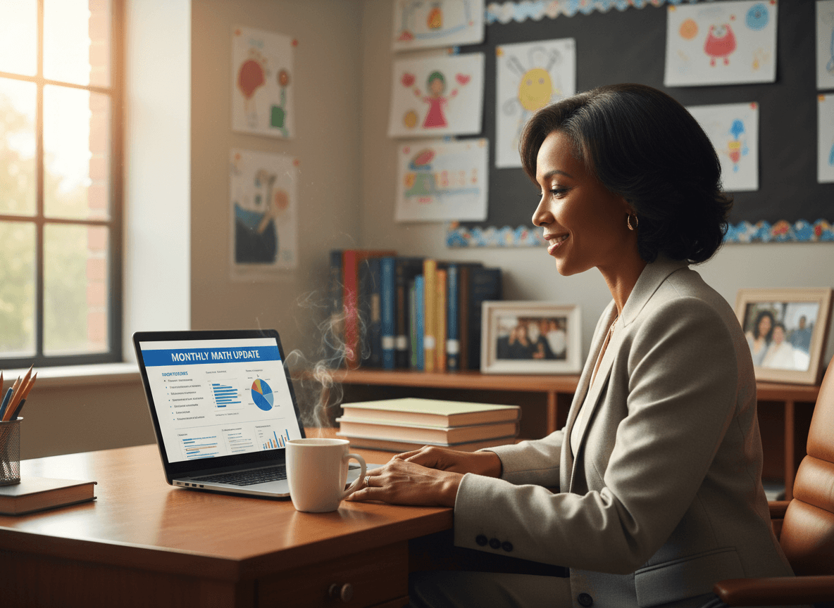 A principal reading a one-page monthly math update on a laptop with a coffee on the desk