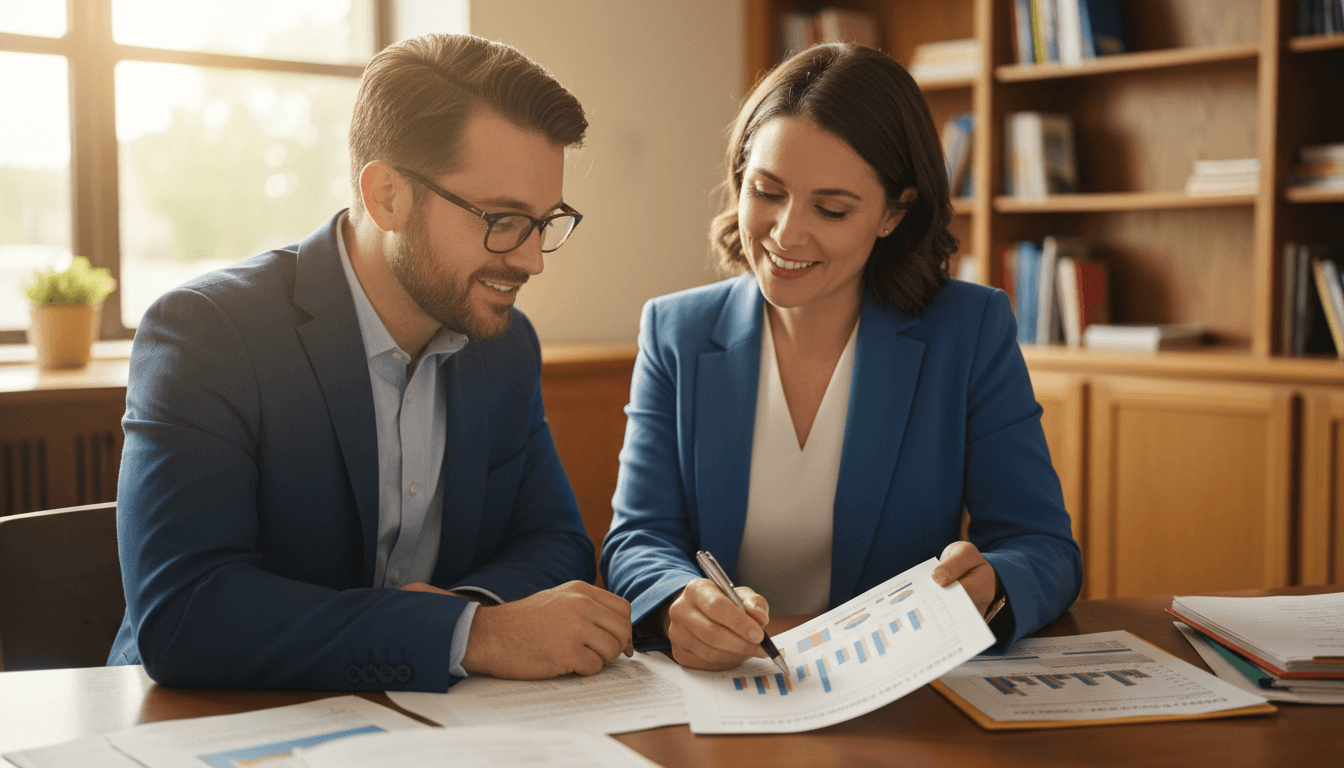 A math coach and principal sitting at a desk reviewing a one-page math performance chart together