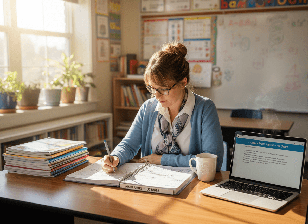 A teacher reviewing the month's math units in a planning notebook before drafting a newsletter