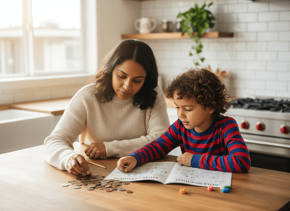 A parent counting coins on the kitchen counter with a second grader and a math homework page