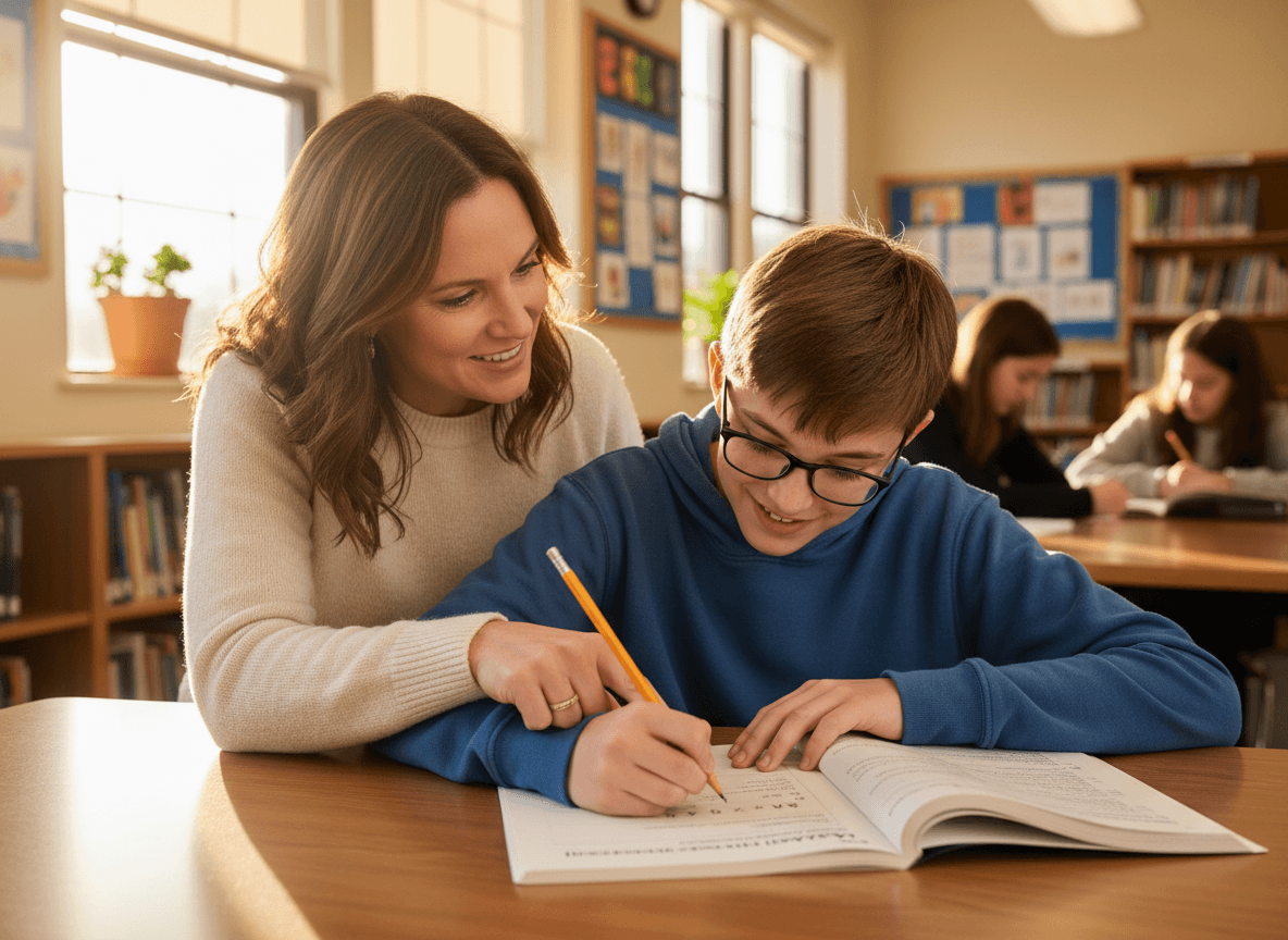 A parent looking over a seventh grader's shoulder at a two-step equation on a homework page