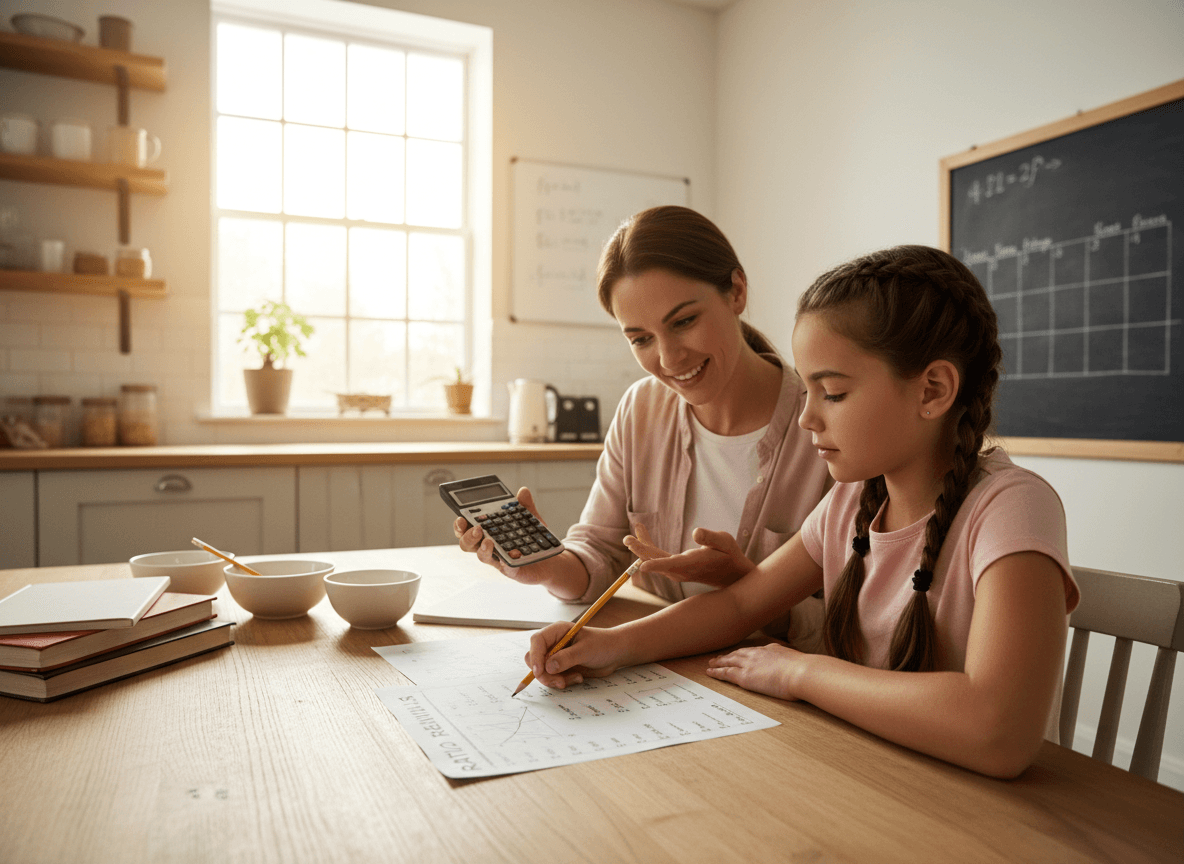 A parent and a sixth grader working through a ratio problem with a worksheet and a calculator on the kitchen table