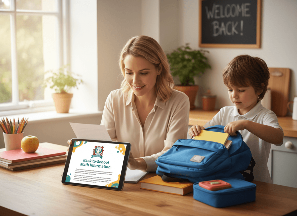 A parent reading a back-to-school math letter on a tablet at the kitchen counter while their child unpacks a backpack