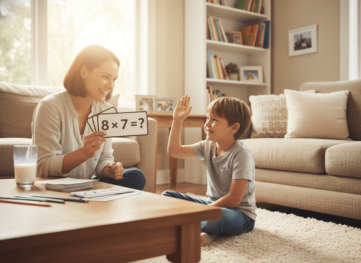 A parent quizzing a third grader on multiplication facts with flashcards in a living room