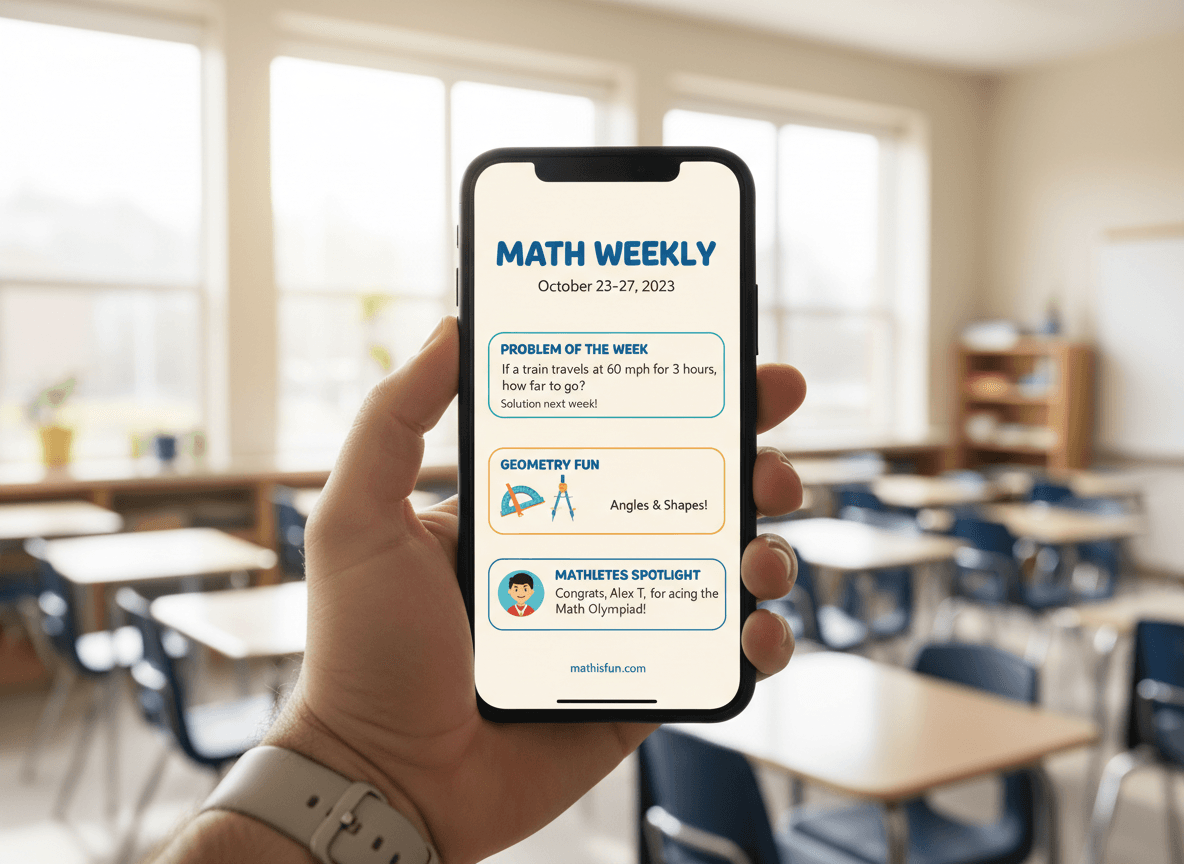 A phone screen showing a short, cleanly formatted weekly math newsletter that fits on one screen