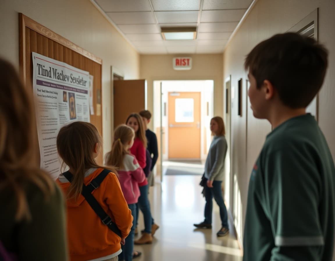 Middle school newsletter posted on a community board in an Alaska rural school hallway
