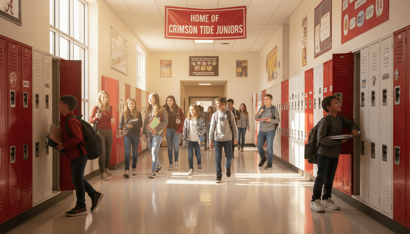 An Alabama middle school hallway with students and lockers displaying school colors