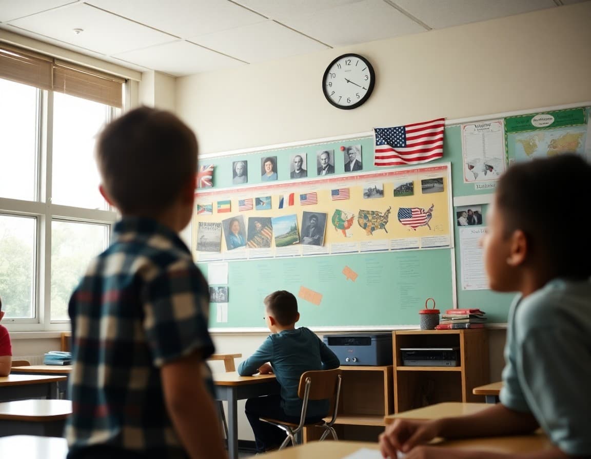 American history timeline display in a middle school social studies classroom