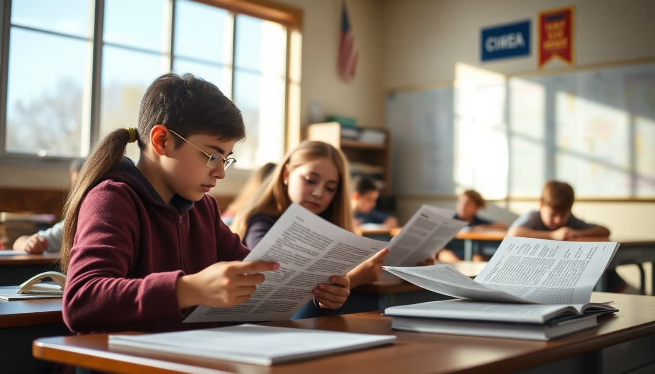 Middle school students working with primary source documents during an American history class