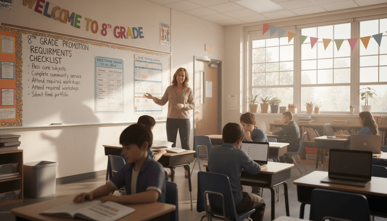 Eighth grade classroom April with promotion requirements checklist and state testing schedule posted