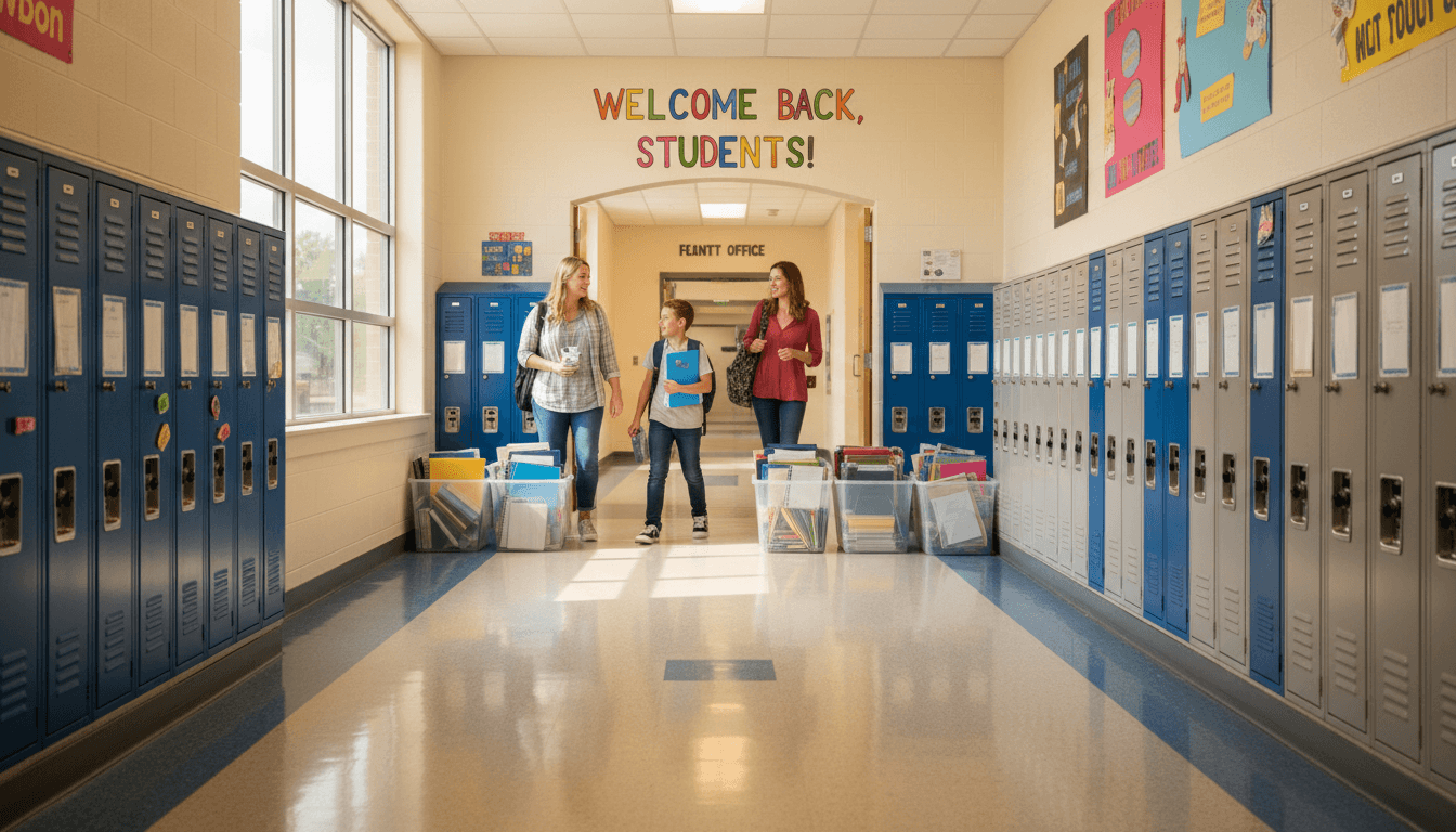 Middle school hallway in August with fresh lockers assigned and back-to-school supply bins near the front office