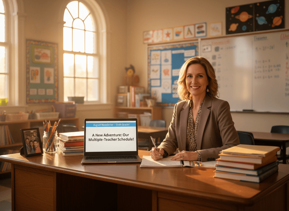 Sixth grade teacher writing August newsletter explaining multiple-teacher schedule to elementary parents
