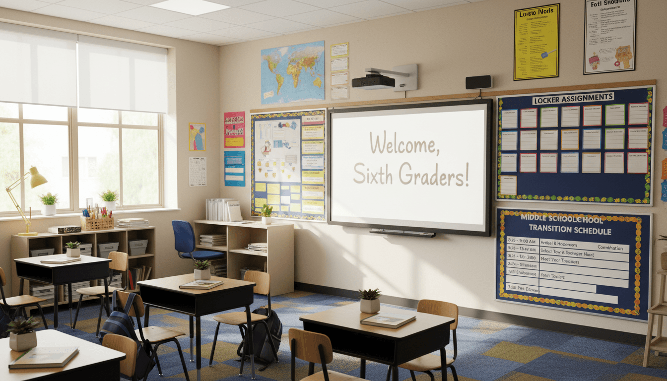 Sixth grade classroom August back-to-school with locker assignment board and transition schedule for new middle schoolers