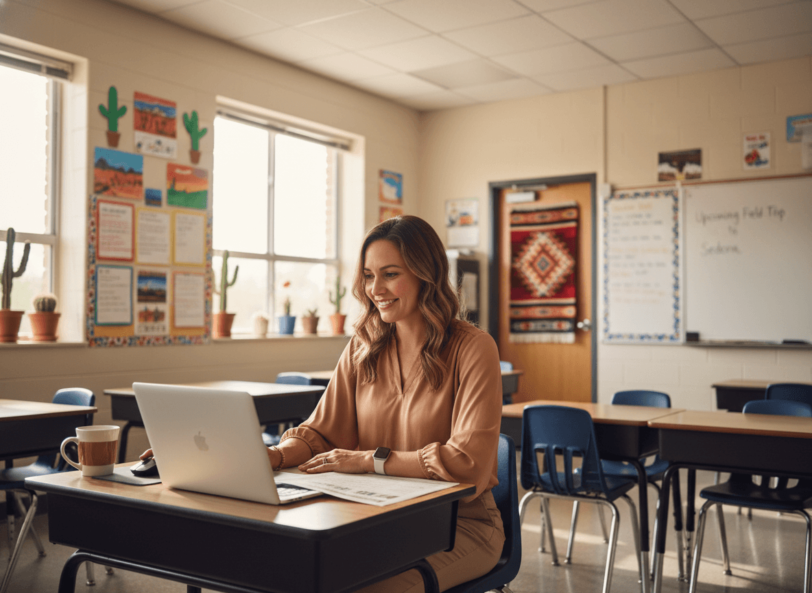 A middle school teacher in Arizona reviewing a newsletter on a laptop in a classroom with student projects displayed on the walls