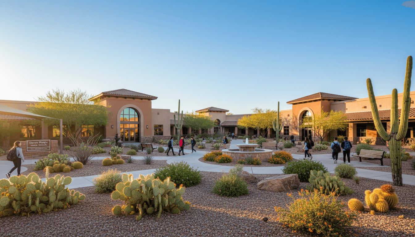 An Arizona middle school campus with desert landscaping and a bright blue sky